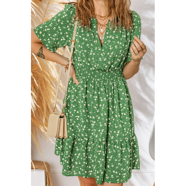 Anne Green Print Wrap V Neck Short Sleeve High Waistband Mini Dress