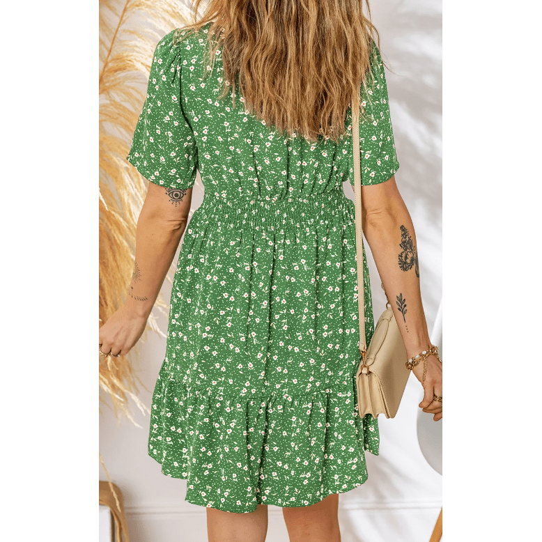 Anne Green Print Wrap V Neck Short Sleeve High Waistband Mini Dress
