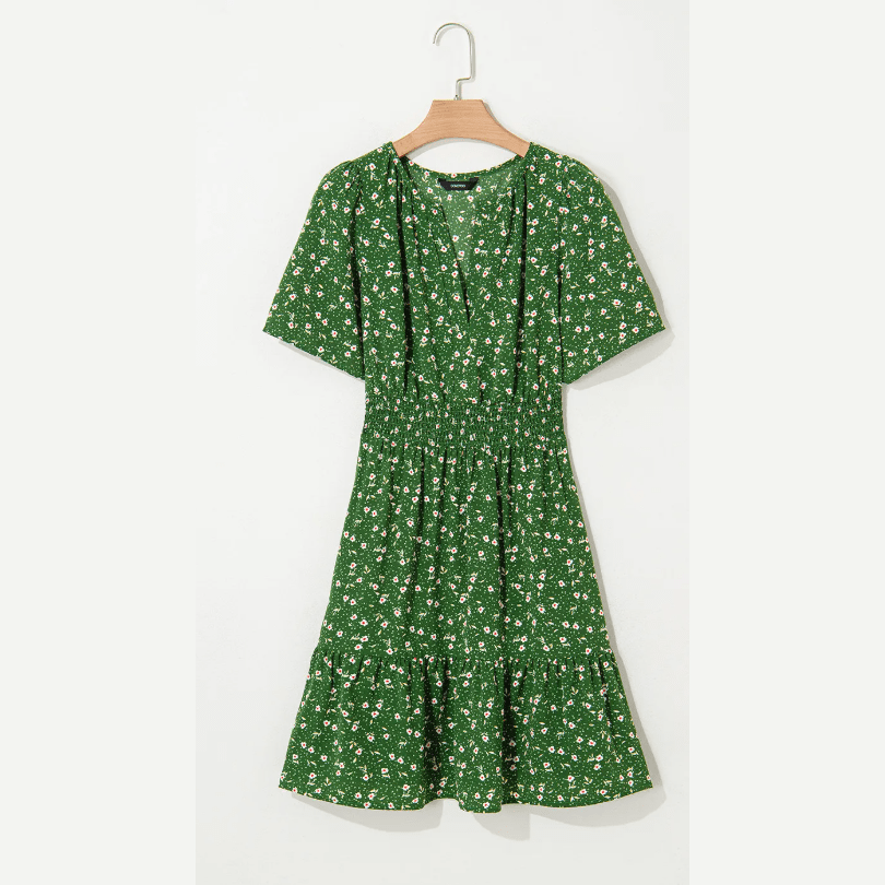 Anne Green Print Wrap V Neck Short Sleeve High Waistband Mini Dress