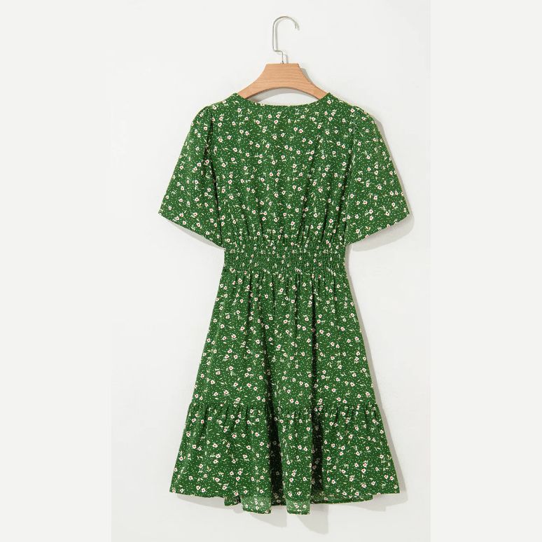 Anne Green Print Wrap V Neck Short Sleeve High Waistband Mini Dress