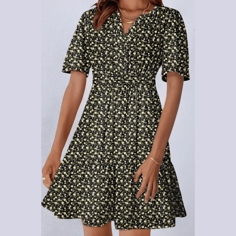 Anne Black Print Wrap V Neck Short Sleeve High Waistband Mini Dress