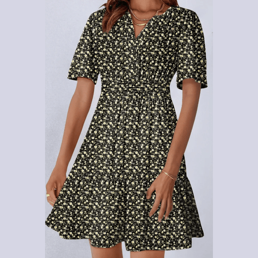 Anne Black Print Wrap V Neck Short Sleeve High Waistband Mini Dress