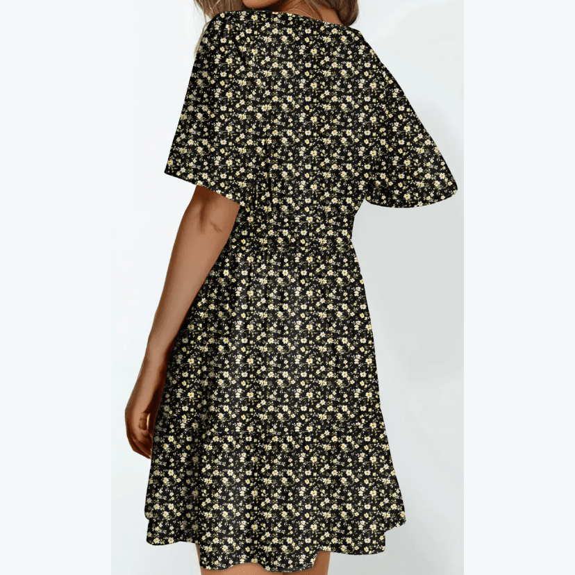 Anne Black Print Wrap V Neck Short Sleeve High Waistband Mini Dress