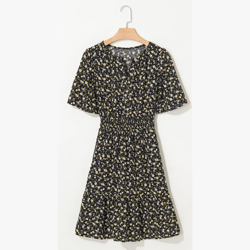 Anne Black Print Wrap V Neck Short Sleeve High Waistband Mini Dress