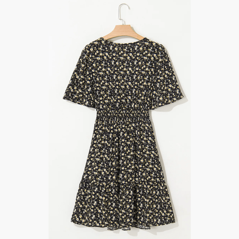 Anne Black Print Wrap V Neck Short Sleeve High Waistband Mini Dress