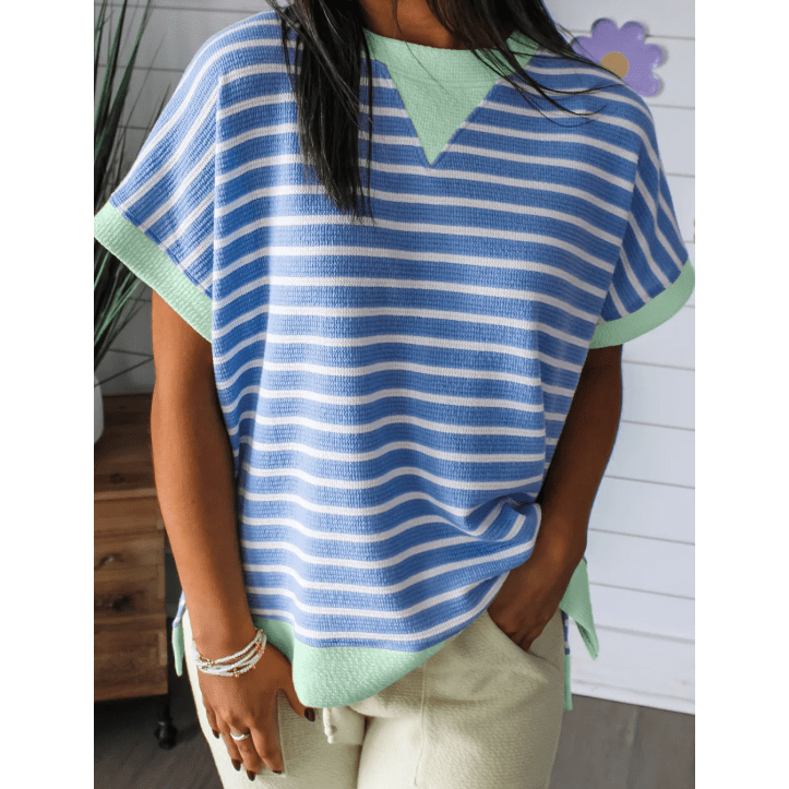 Nell Blue Stripe Contrast Trim Loose Short Sleeve Top