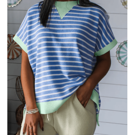 Nell Blue Stripe Contrast Trim Loose Short Sleeve Top