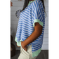Nell Blue Stripe Contrast Trim Loose Short Sleeve Top