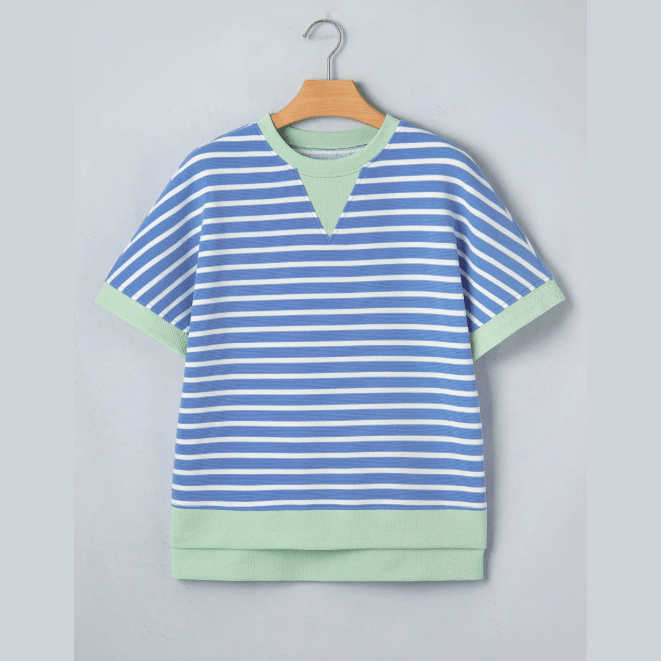 Nell Blue Stripe Contrast Trim Loose Short Sleeve Top