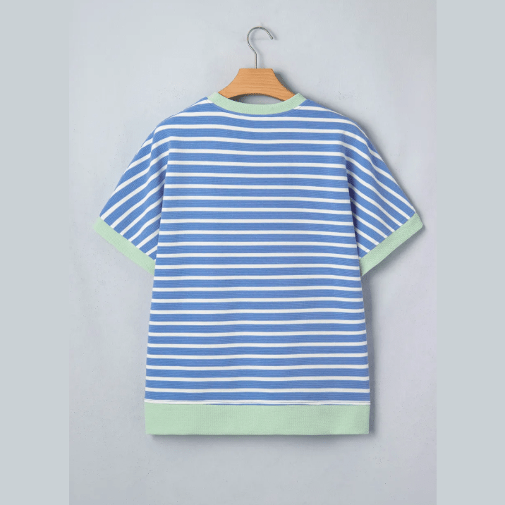 Nell Blue Stripe Contrast Trim Loose Short Sleeve Top