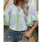 Kella Purple Floral Print Ruffled Color Block Trim Half Sleeve Blouse