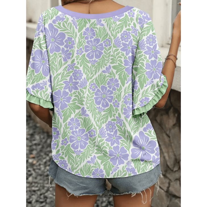 Kella Purple Floral Print Ruffled Color Block Trim Half Sleeve Blouse