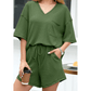 Winslet Fern Green Waffled V Neck Loose Tee Drawstring Shorts Set