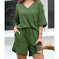 Winslet Fern Green Waffled V Neck Loose Tee Drawstring Shorts Set
