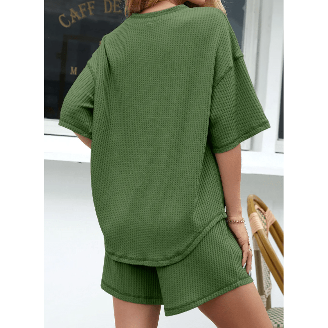 Winslet Fern Green Waffled V Neck Loose Tee Drawstring Shorts Set