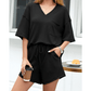 Winslet Black Waffled V Neck Loose Tee Drawstring Shorts Set