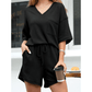 Winslet Black Waffled V Neck Loose Tee Drawstring Shorts Set