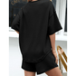 Winslet Black Waffled V Neck Loose Tee Drawstring Shorts Set