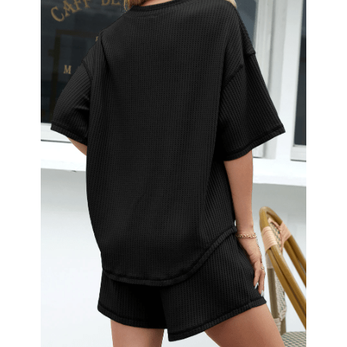 Winslet Black Waffled V Neck Loose Tee Drawstring Shorts Set