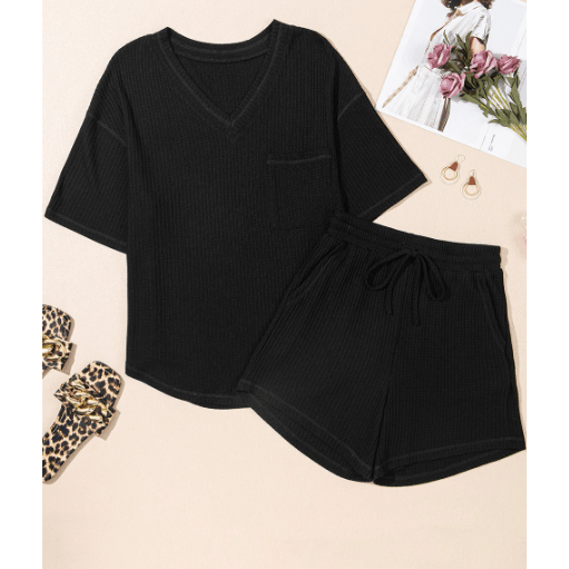 Winslet Black Waffled V Neck Loose Tee Drawstring Shorts Set