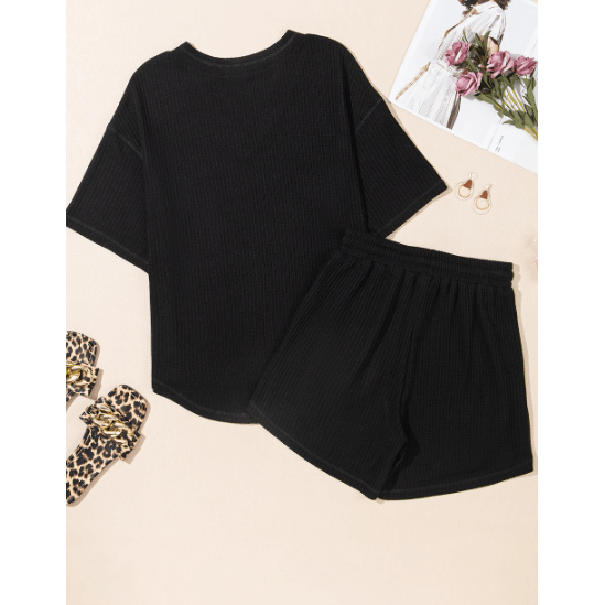 Winslet Black Waffled V Neck Loose Tee Drawstring Shorts Set
