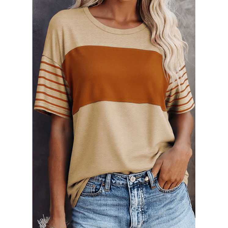 Janessa Tan Color Block Striped Detail Loose T Shirt