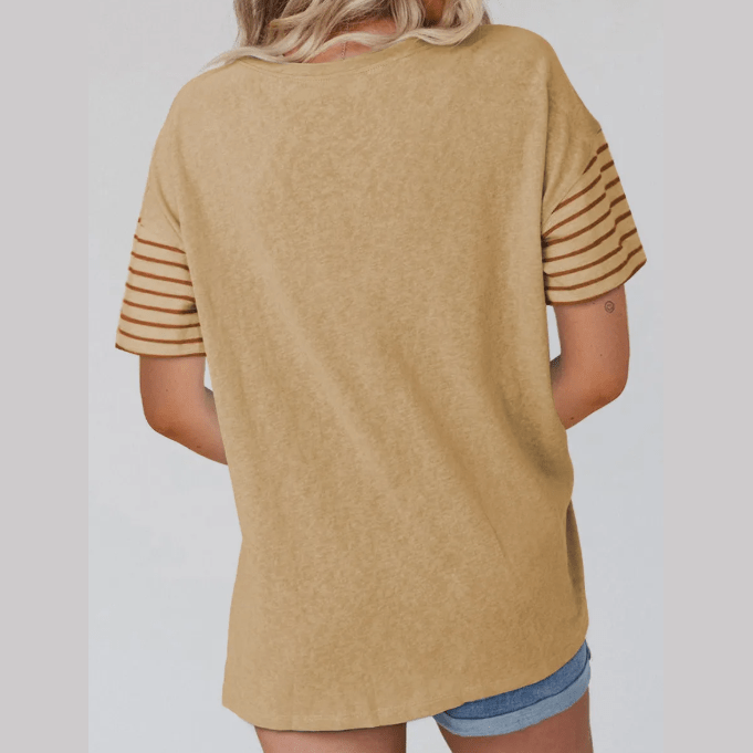 Janessa Tan Color Block Striped Detail Loose T Shirt