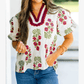 Miree White Floral Short Bubble Sleeve Contrast Slit Neckline Blouse