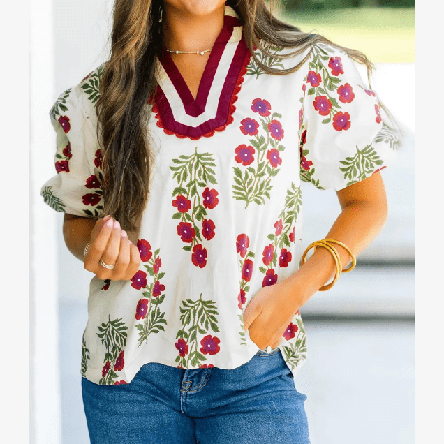 Miree White Floral Short Bubble Sleeve Contrast Slit Neckline Blouse