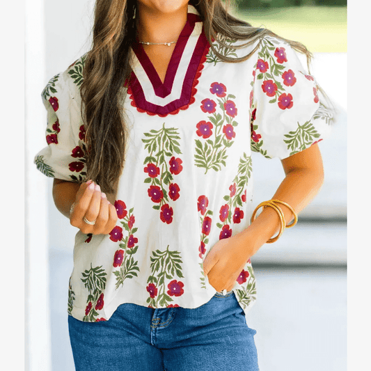 Miree White Floral Short Bubble Sleeve Contrast Slit Neckline Blouse