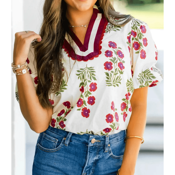 Miree White Floral Short Bubble Sleeve Contrast Slit Neckline Blouse