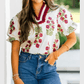 Miree White Floral Short Bubble Sleeve Contrast Slit Neckline Blouse