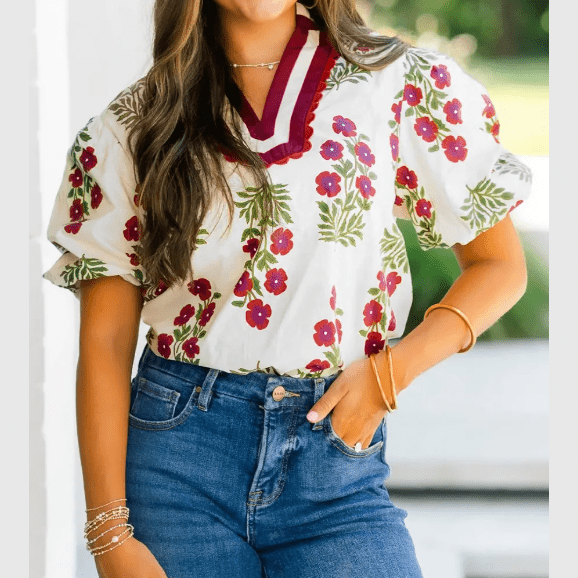 Miree White Floral Short Bubble Sleeve Contrast Slit Neckline Blouse