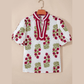 Miree White Floral Short Bubble Sleeve Contrast Slit Neckline Blouse