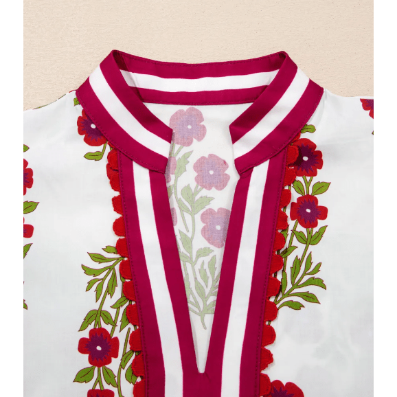 Miree White Floral Short Bubble Sleeve Contrast Slit Neckline Blouse