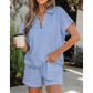 Angelo Blue Collared V Neck Tee Drawstring Elastic Waist Shorts 2pcs Outfit