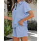 Angelo Blue Collared V Neck Tee Drawstring Elastic Waist Shorts 2pcs Outfit