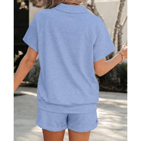 Angelo Blue Collared V Neck Tee Drawstring Elastic Waist Shorts 2pcs Outfit