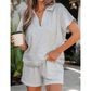 Angelo Grey Collared V Neck Tee Drawstring Elastic Waist Shorts 2pcs Outfit