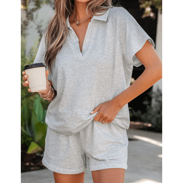 Angelo Grey Collared V Neck Tee Drawstring Elastic Waist Shorts 2pcs Outfit