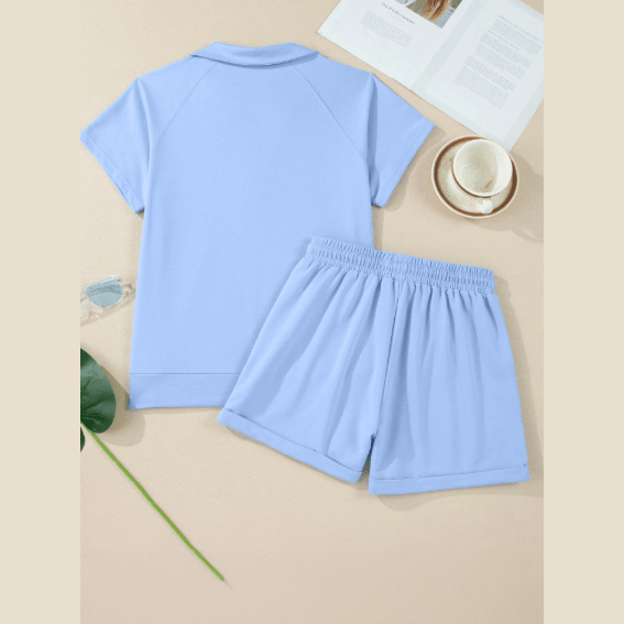 Angelo Blue Collared V Neck Tee Drawstring Elastic Waist Shorts 2pcs Outfit