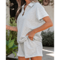 Angelo Grey Collared V Neck Tee Drawstring Elastic Waist Shorts 2pcs Outfit
