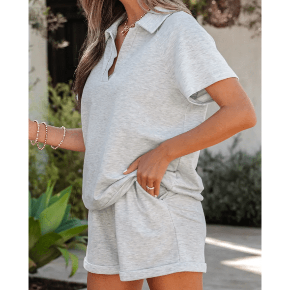 Angelo Grey Collared V Neck Tee Drawstring Elastic Waist Shorts 2pcs Outfit