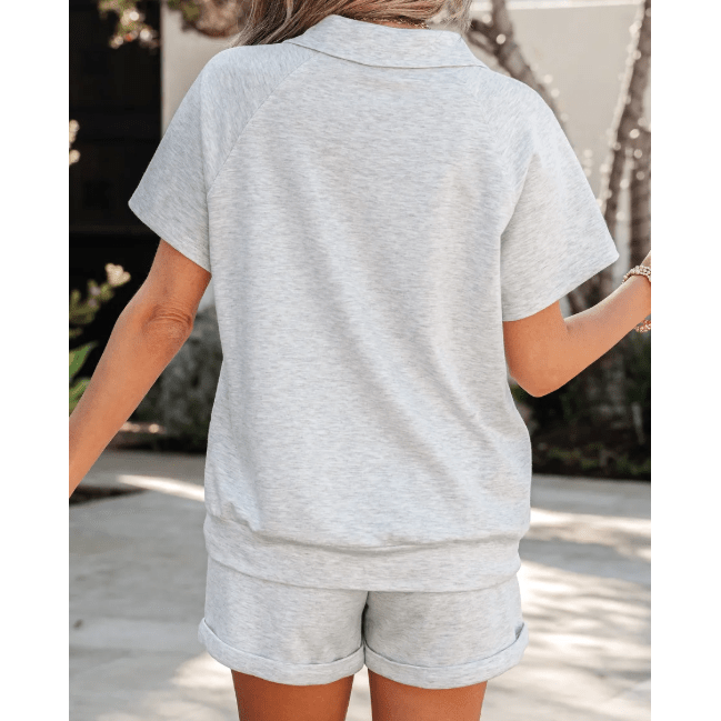 Angelo Grey Collared V Neck Tee Drawstring Elastic Waist Shorts 2pcs Outfit
