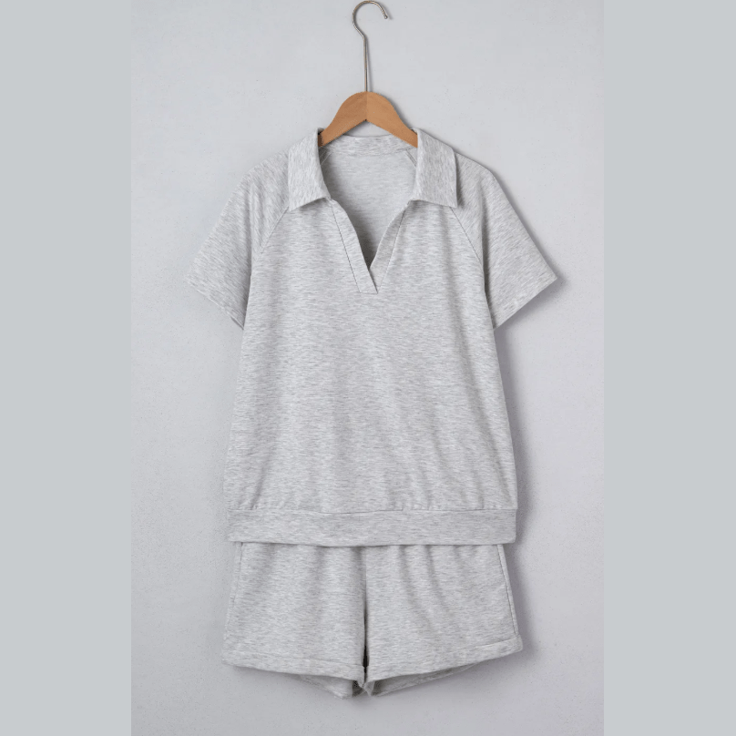 Angelo Grey Collared V Neck Tee Drawstring Elastic Waist Shorts 2pcs Outfit