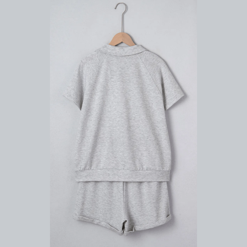 Angelo Grey Collared V Neck Tee Drawstring Elastic Waist Shorts 2pcs Outfit