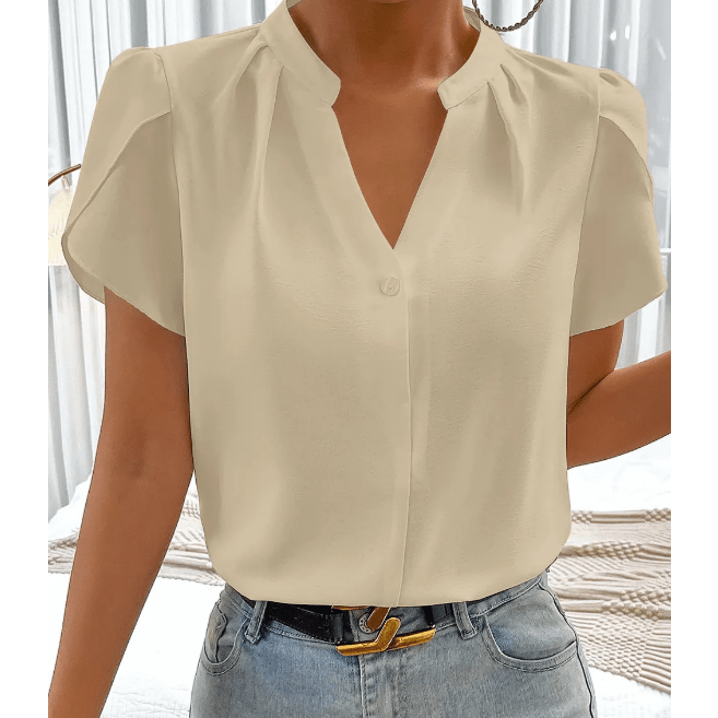 Maurice Khaki Silky Notched Neckline Petal Sleeve Blouse