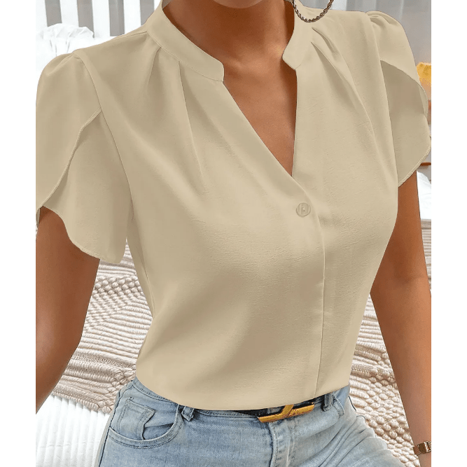 Maurice Khaki Silky Notched Neckline Petal Sleeve Blouse