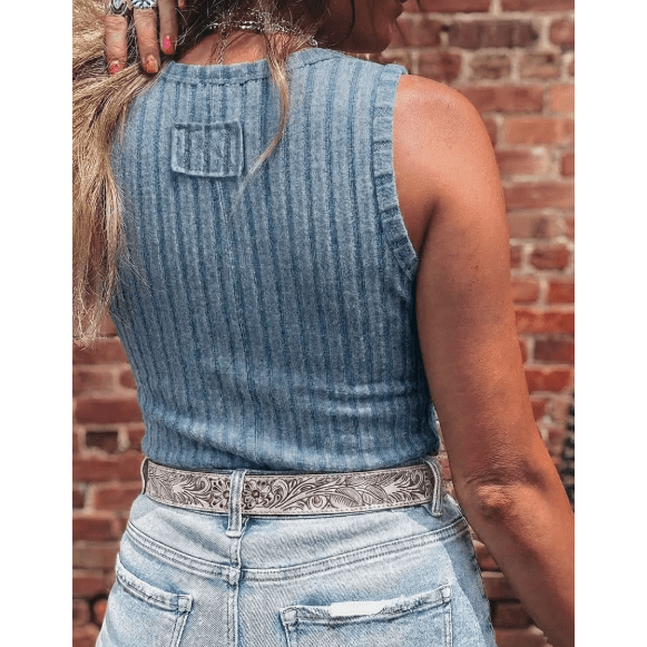 Jora Blue Slim Ribbed Mineral Wash Tank Top