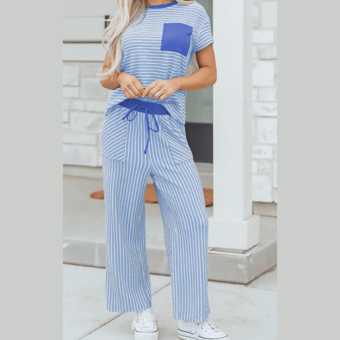 Tina Blue Stripe Crew Neck Tee Drawstring Waist Cropped Pants Set